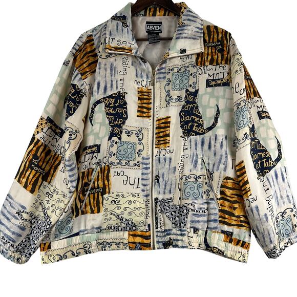 Vintage Abvien Silk Full Zip Front Bomber Jacket Geo Printed Dogs Cats SZ Med - Picture 1 of 13